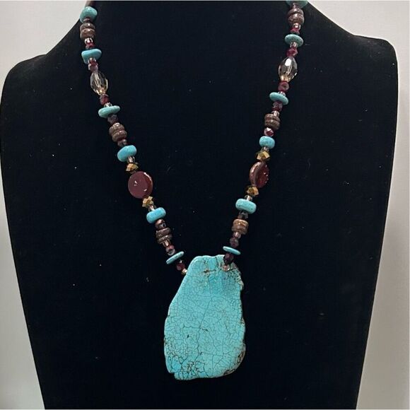 Vtg Glass & Stone Beaded Statement Necklace 9" Multicolor Howlite Stone Pendant - Picture 8 of 8